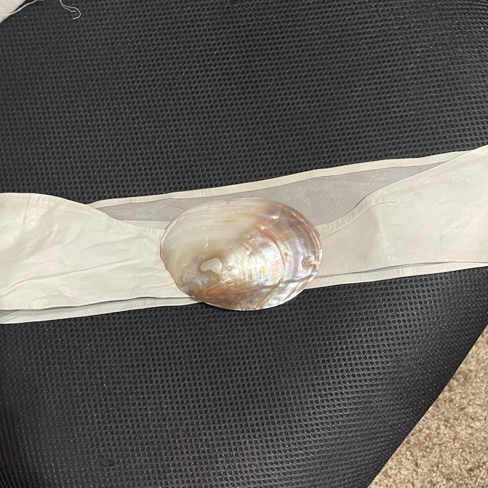 Vintage natural shell belt buckle on leather belt white.